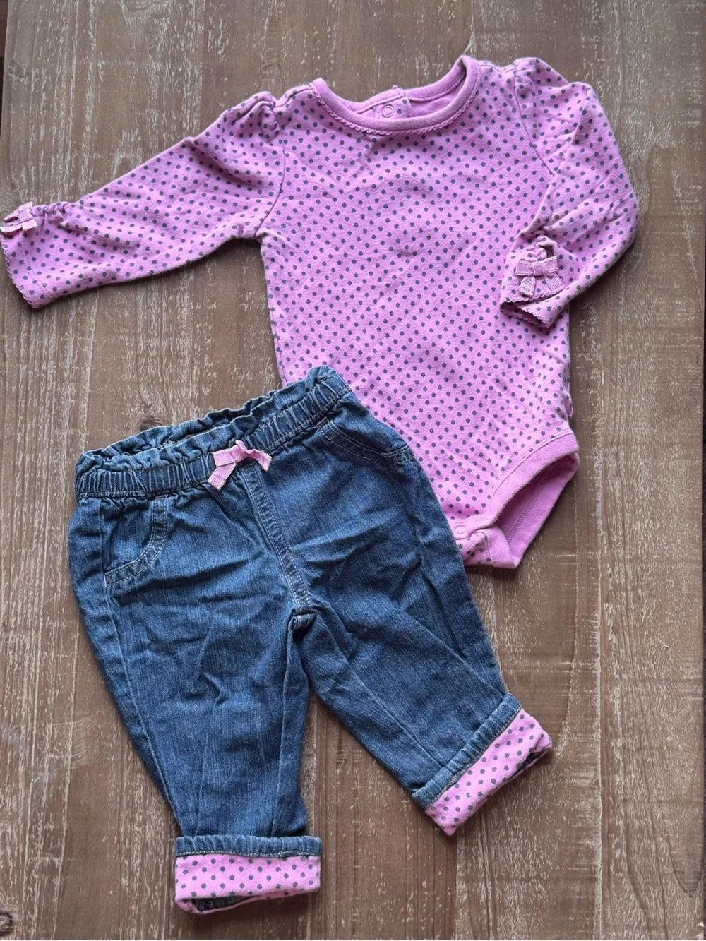 +Gymboree Purple Polka Dot Bodysuit Denim Pants Set 3-6M Baby Girl 2 Piece